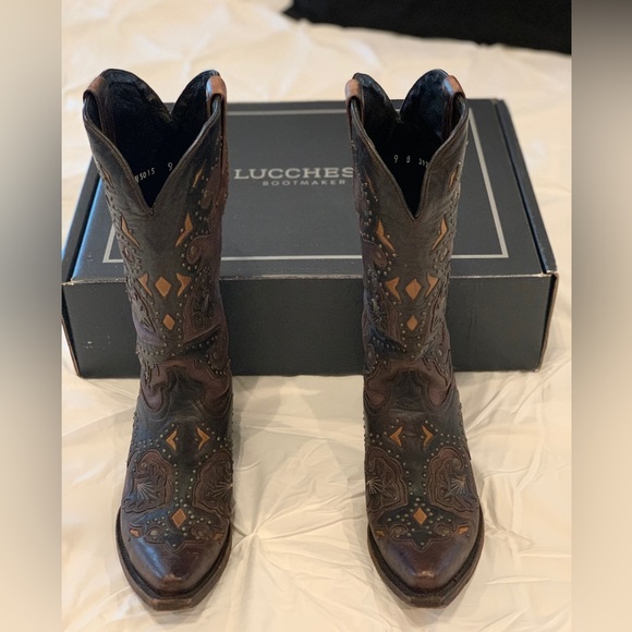 Lucchese Dark Brown Cowboy Boots with Intricate Patterns. - Picture 7 of 8